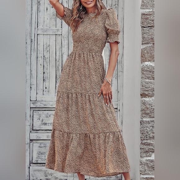 BTFBM Dresses & Skirts - BTFBM Bohemian Leopard Print Tiered Smocked Maxi Dress